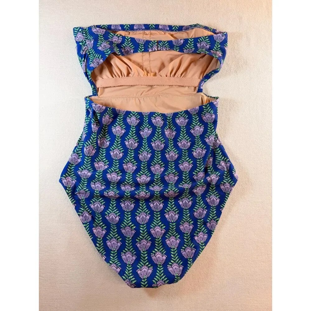 J.Crew Strapless One Piece Swimsuit Medium Blue Floral Block Print Bandeau